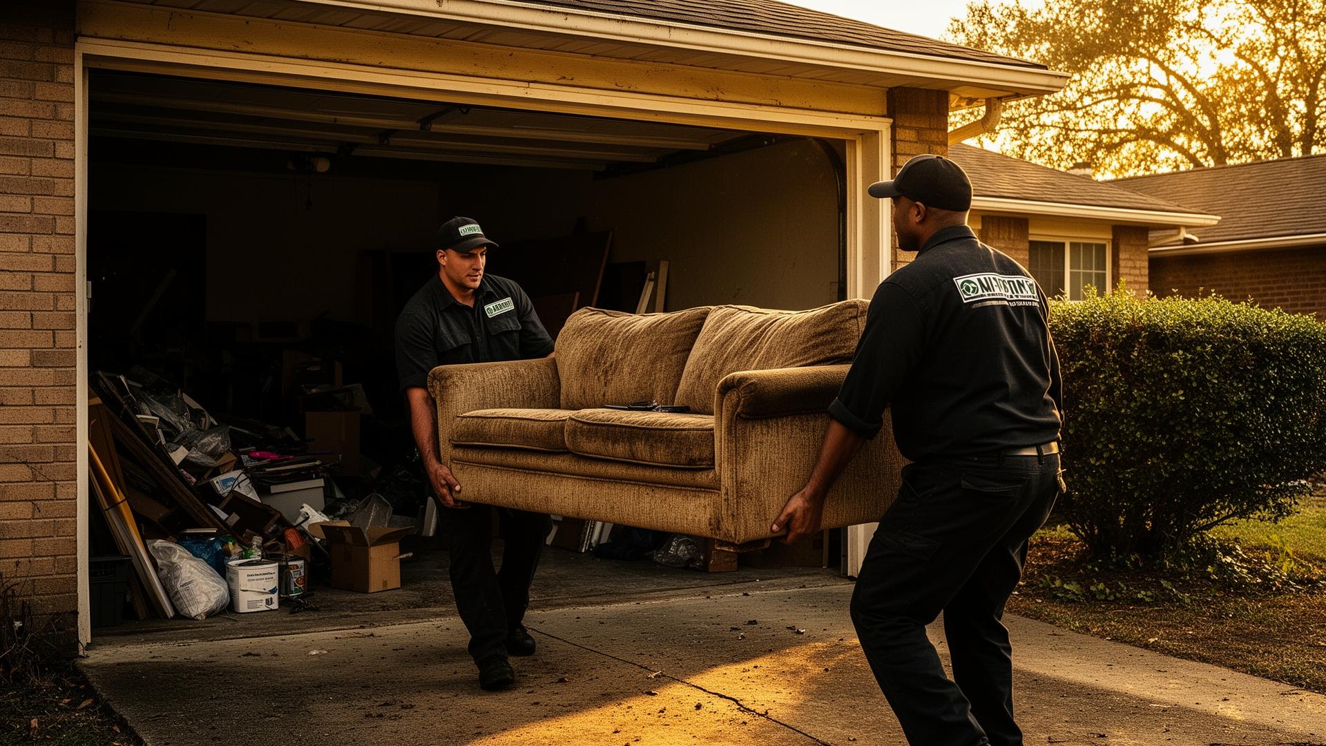 RENO8 Hauling crew carrying an old couch out of a suburban garage