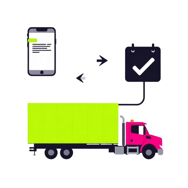 Phone, calendar checkmark, and hauling truck — the simple RENO8 process